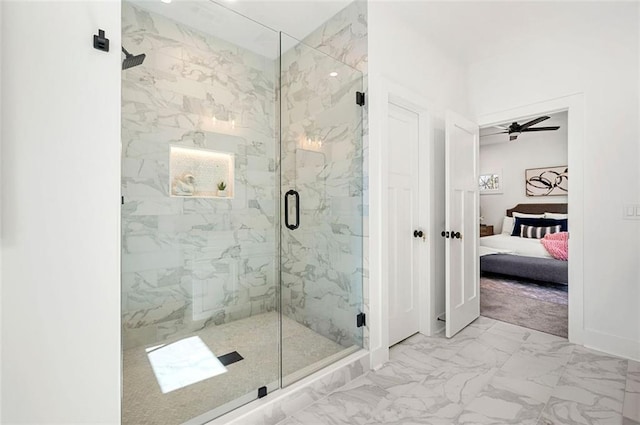 ensuite bathroom featuring ensuite bath, marble finish floor, and a marble finish shower