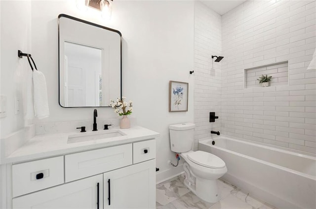 full bath featuring vanity, bathing tub / shower combination, toilet, and marble finish floor