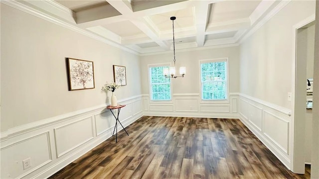 1540 Ox Bridge Ct, Lawrenceville, GA 30043 - unfurnished dining area with beamed ceiling, a chandelier, dark wood-style flooring, coffered ceiling, and wainscoting
