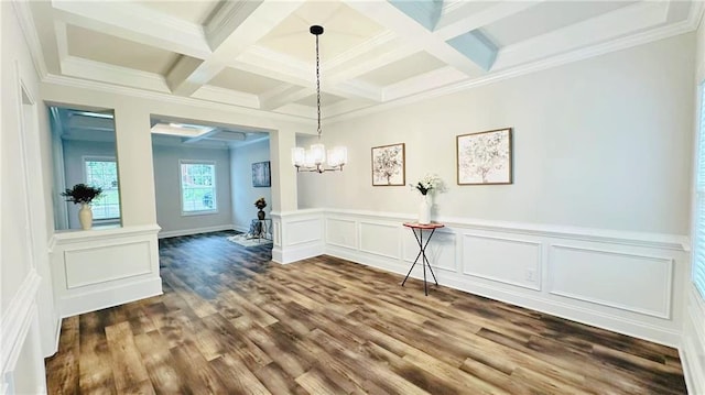 1540 Ox Bridge Ct, Lawrenceville, GA 30043 - unfurnished room with a chandelier, beam ceiling, coffered ceiling, dark wood finished floors, and ornamental molding