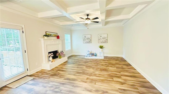 1540 Ox Bridge Ct, Lawrenceville, GA 30043 - unfurnished living room with coffered ceiling, light wood-style flooring, beamed ceiling, ceiling fan, and baseboards