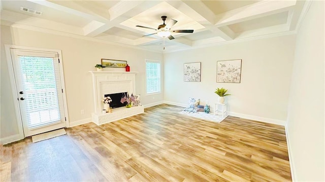 1540 Ox Bridge Ct, Lawrenceville, GA 30043 - unfurnished living room featuring light wood-type flooring, beamed ceiling, coffered ceiling, a brick fireplace, and baseboards