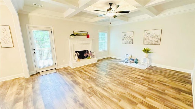 1540 Ox Bridge Ct, Lawrenceville, GA 30043 - unfurnished living room featuring healthy amount of natural light, light wood-style floors, beam ceiling, a ceiling fan, and coffered ceiling