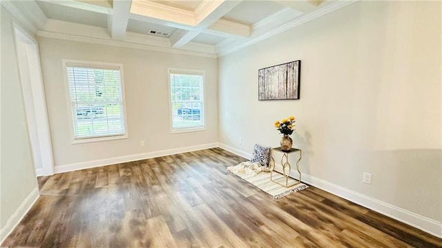 1540 Ox Bridge Ct, Lawrenceville, GA 30043 - empty room featuring wood finished floors, beam ceiling, baseboards, coffered ceiling, and crown molding