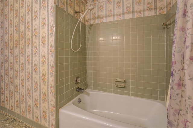 1850 Francis Rd SW, Conyers, GA 30094 - full bath featuring wallpapered walls, shower / bath combination with curtain, and baseboards