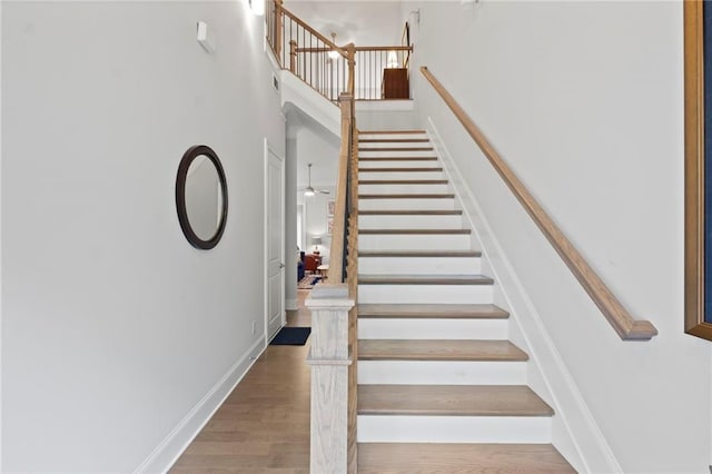 stairs featuring hardwood / wood-style floors and ceiling fan