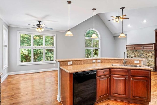 kitchen with light wood-type flooring, a kitchen island with sink, sink, black dishwasher, and lofted ceiling