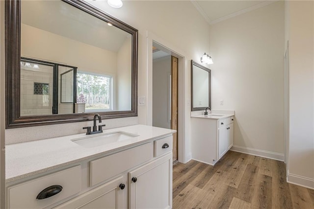 bathroom with crown molding, two vanities, wood finished floors, and a sink