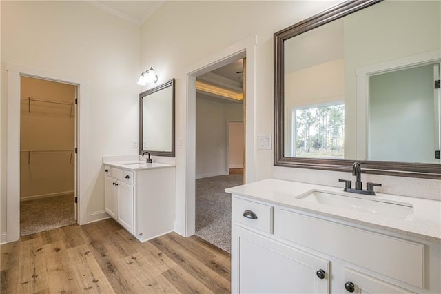 bathroom featuring crown molding, two vanities, wood finished floors, and a sink