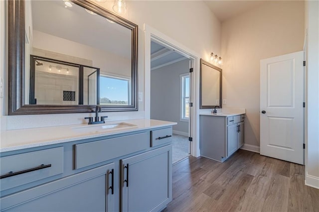 bathroom with a sink, wood finished floors, two vanities, and a stall shower