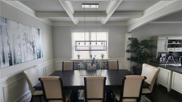dining space featuring a decorative wall, coffered ceiling, beamed ceiling, and wainscoting
