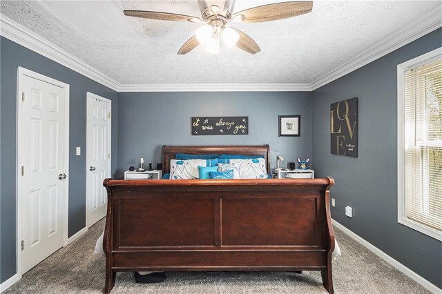 6355 Queens Rd, Douglasville, GA 30135 - bedroom with ornamental molding, a textured ceiling, carpet floors, baseboards, and ceiling fan