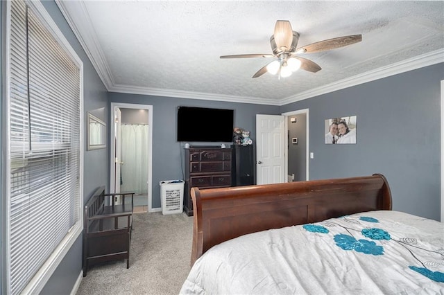 6355 Queens Rd, Douglasville, GA 30135 - bedroom with a ceiling fan, a textured ceiling, carpet flooring, crown molding, and baseboards