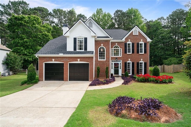 view of front of property featuring driveway, a chimney, brick siding, an attached garage, and a shingled roof