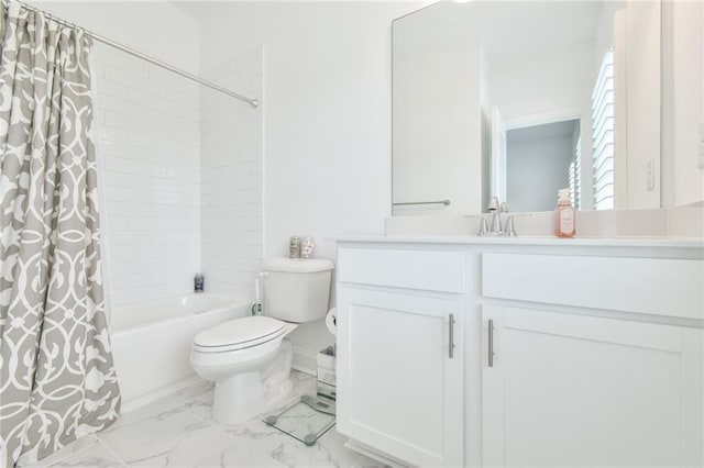 bathroom featuring toilet, marble finish floor, vanity, and shower / bath combo