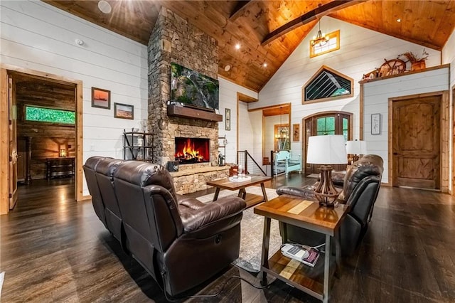 living room featuring high vaulted ceiling, wood ceiling, and dark hardwood / wood-style floors