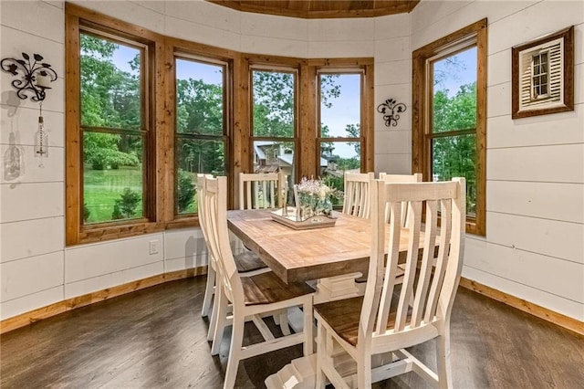 dining room with wooden walls, dark wood-type flooring, and a healthy amount of sunlight