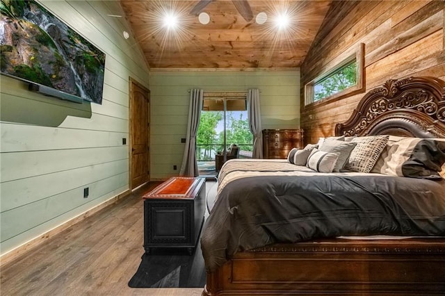 bedroom with access to exterior, wood ceiling, wood-type flooring, lofted ceiling, and wood walls