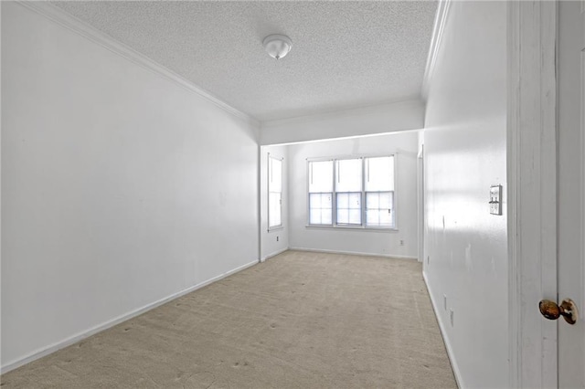 carpeted spare room with a textured ceiling, baseboards, and crown molding