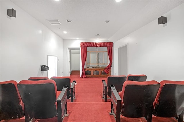 home theater with carpet floors, visible vents, and recessed lighting