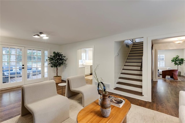 living area with sink, a healthy amount of sunlight, and hardwood / wood-style floors