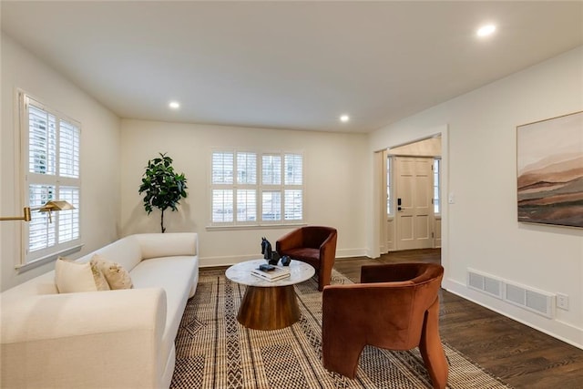 living room with dark hardwood / wood-style floors