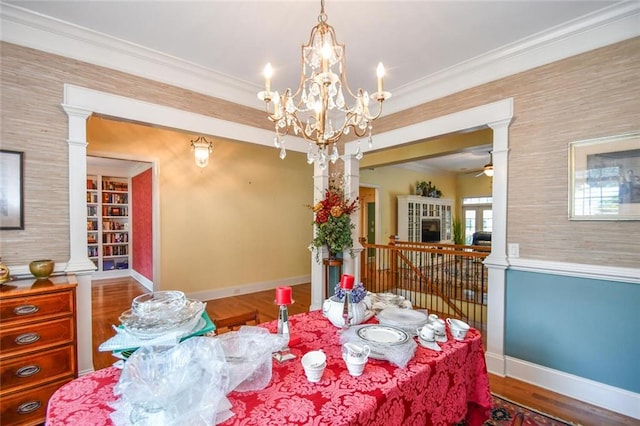 1173 Saint Charles Pl, Gainesville, GA 30501 - dining area with wood finished floors, crown molding, a chandelier, built in shelves, and ceiling fan