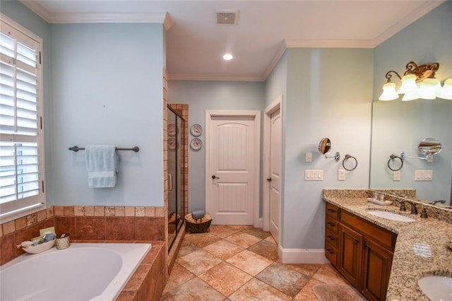 1173 Saint Charles Pl, Gainesville, GA 30501 - full bathroom with a garden tub, vanity, a stall shower, healthy amount of natural light, and crown molding
