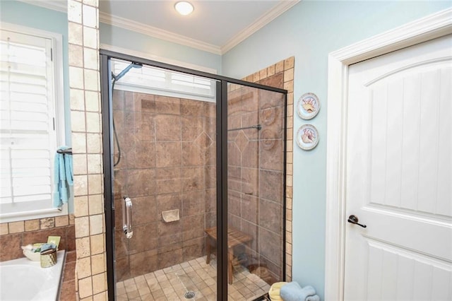1173 Saint Charles Pl, Gainesville, GA 30501 - full bathroom featuring a stall shower, crown molding, and a tub to relax in