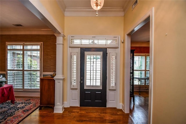 1173 Saint Charles Pl, Gainesville, GA 30501 - entryway featuring decorative columns, wood finished floors, and crown molding