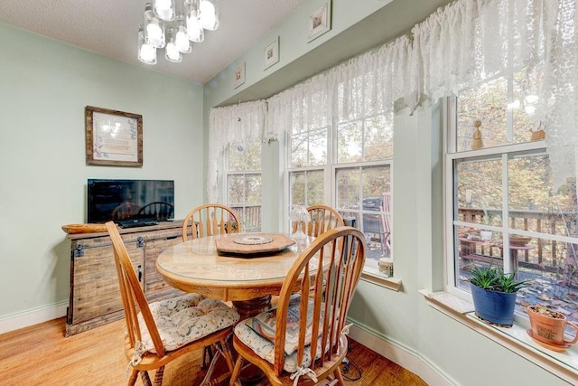 dining area with a notable chandelier, plenty of natural light, and light hardwood / wood-style floors