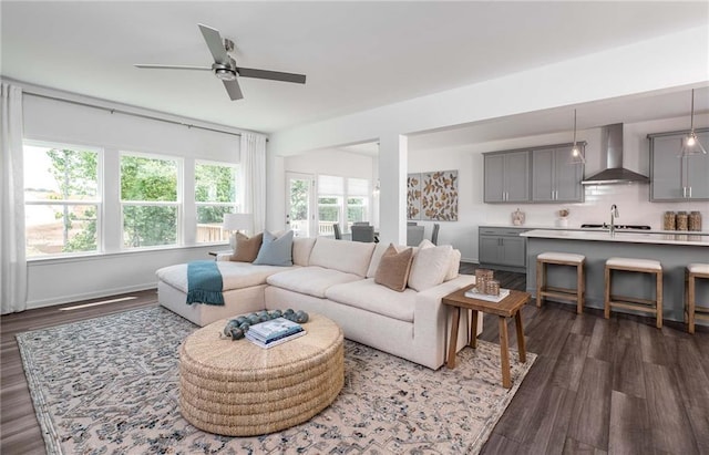 living room with ceiling fan, sink, and dark hardwood / wood-style floors