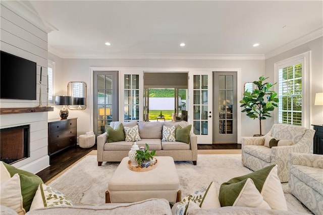 living area with ornamental molding, wood finished floors, a large fireplace, and recessed lighting