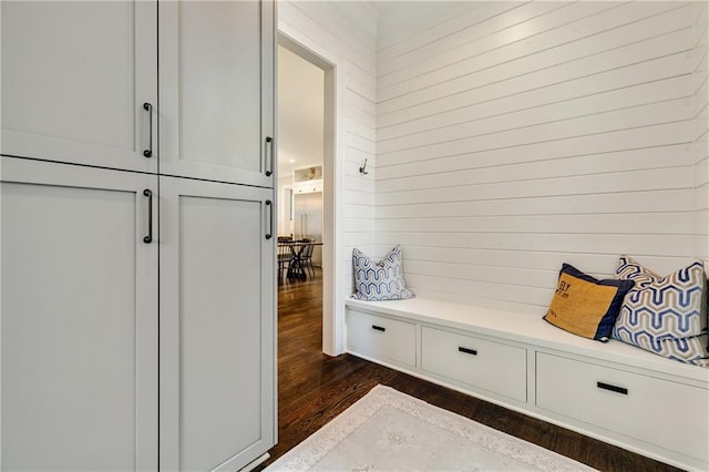 mudroom with dark wood finished floors