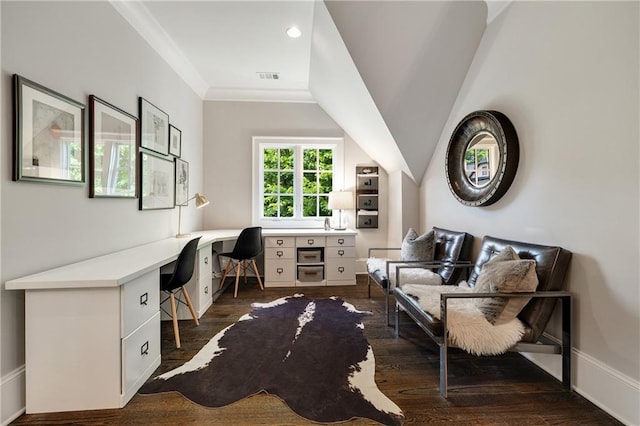 office featuring built in study area and dark wood finished floors
