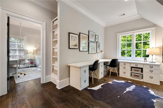 home office with ornamental molding, dark wood-type flooring, and baseboards