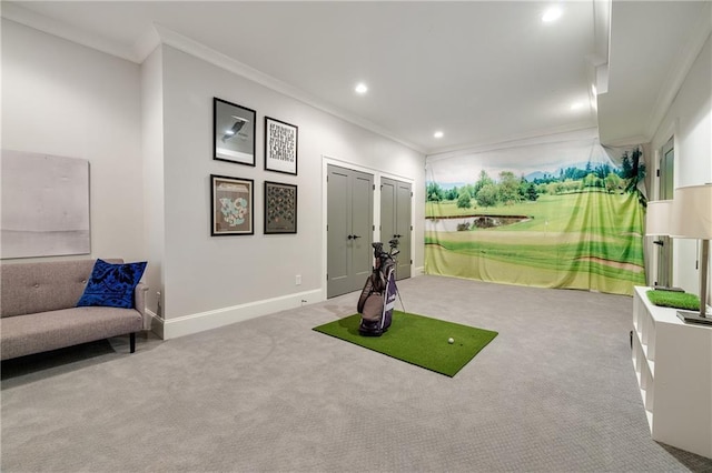 exercise area featuring ornamental molding, carpet floors, golf simulator, recessed lighting, and baseboards