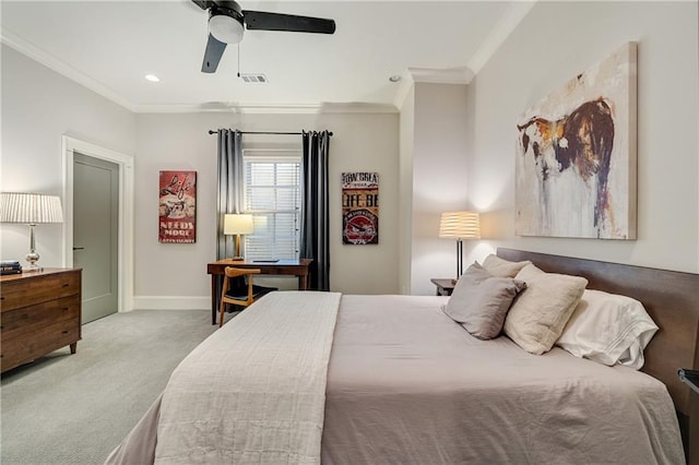 carpeted bedroom with ornamental molding, baseboards, ceiling fan, and recessed lighting