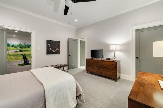 carpeted bedroom featuring ornamental molding, recessed lighting, baseboards, and ceiling fan