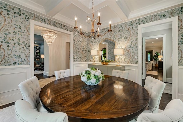 dining room with a chandelier, ornamental molding, wainscoting, coffered ceiling, and wallpapered walls