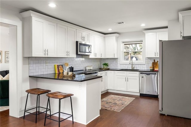 kitchen with a sink, a peninsula, dark wood-style floors, and stainless steel appliances