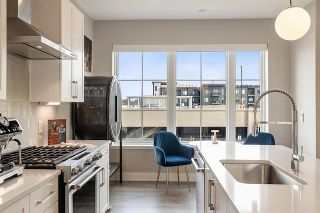 kitchen with wall chimney exhaust hood, a healthy amount of sunlight, backsplash, and a sink