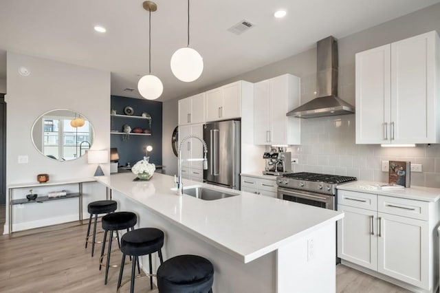 kitchen with visible vents, white cabinetry, wall chimney exhaust hood, decorative backsplash, and high end appliances