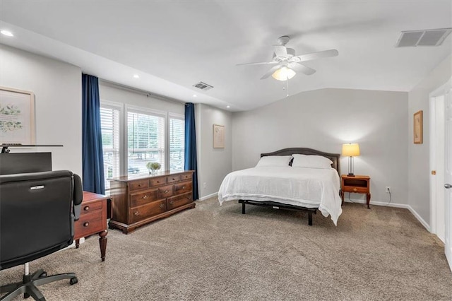 carpeted bedroom featuring baseboards, recessed lighting, visible vents, and vaulted ceiling