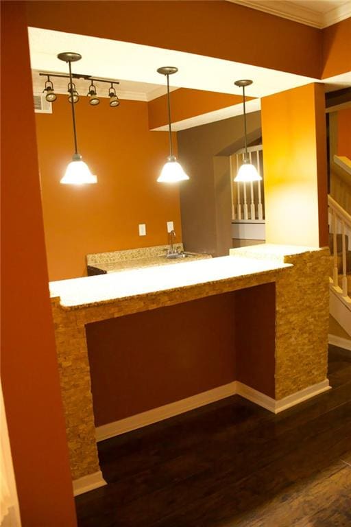 bar with pendant lighting, dark hardwood / wood-style floors, crown molding, and sink