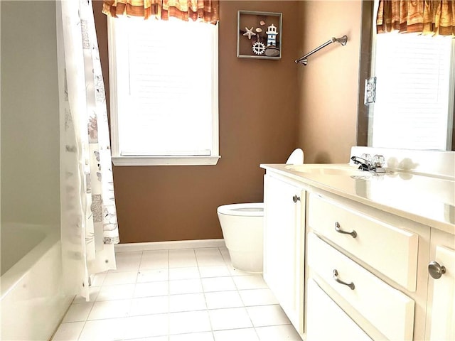 full bathroom with shower / bathtub combination with curtain, vanity, toilet, and tile patterned flooring