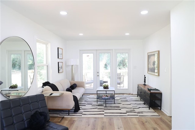 living room featuring french doors, light hardwood / wood-style floors, and plenty of natural light