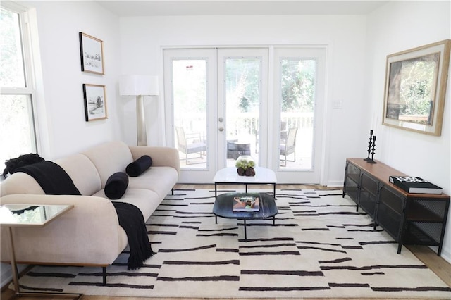 living room featuring french doors, light hardwood / wood-style flooring, and plenty of natural light