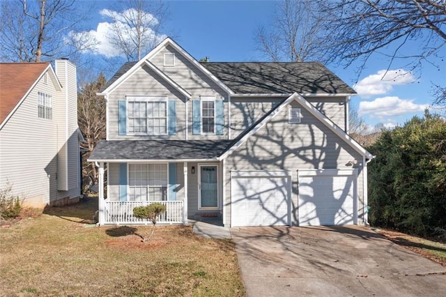 traditional home with a garage, covered porch, concrete driveway, and a front lawn