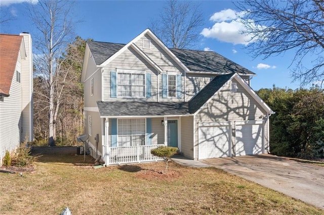 traditional-style house with a front lawn, driveway, covered porch, roof with shingles, and an attached garage